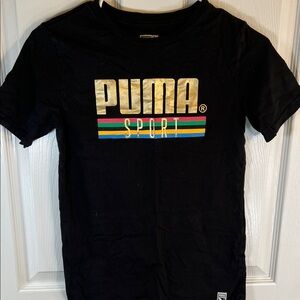 Puma Kids Black Tee with Gold and Multicolor Logo